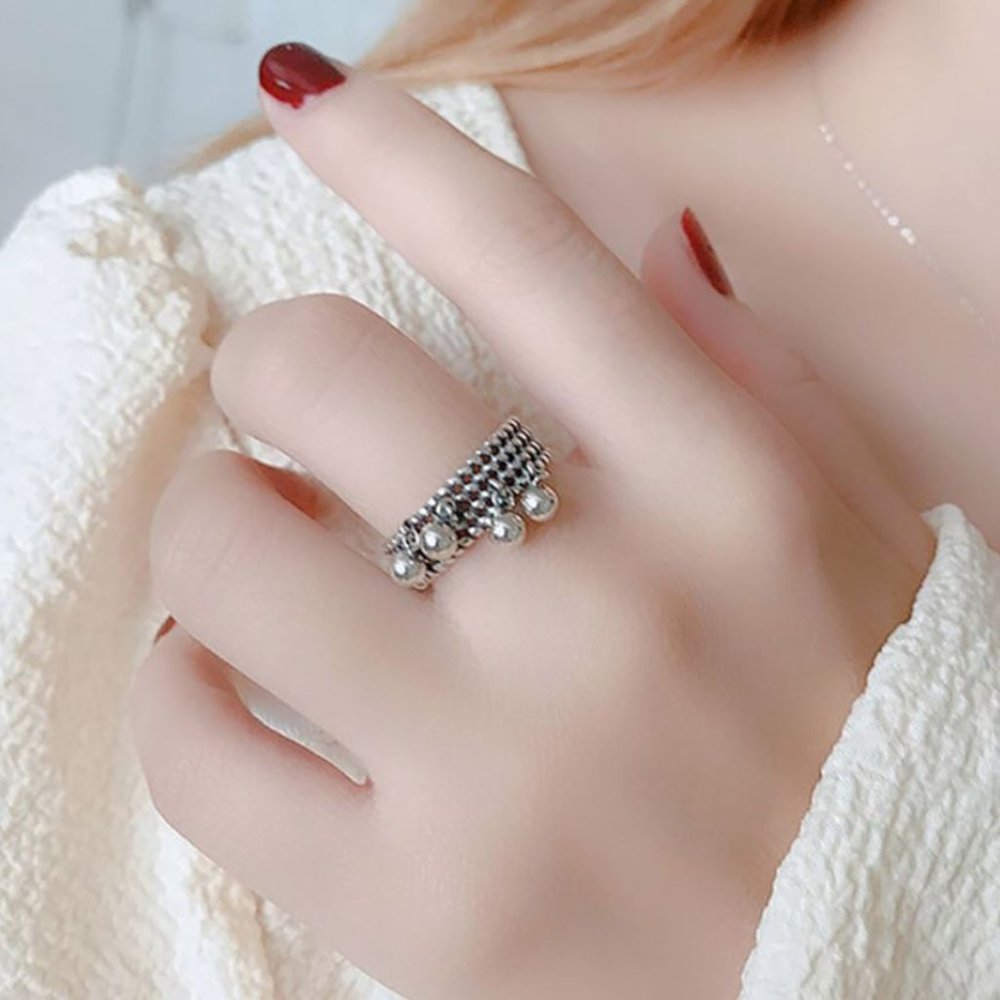 Minimalist 925 Sterling Silver Chunky Dangle Ball Ring Geometric Chain Link Ring - Picture 6 of 6
